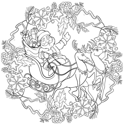 Christmas Mandala With Santa, Sleigh And Deers Coloring Page